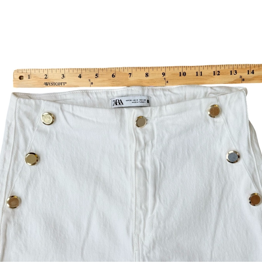 Zara White Wide Leg Cropped Jeans High Rise Gold Button Sailor Size 6 Nautical - Picture 4 of 9